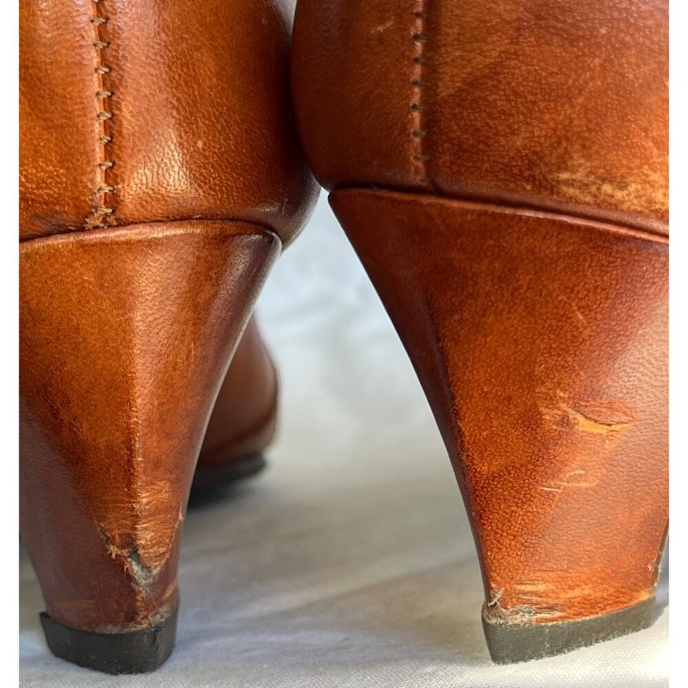 Vtg Leather Kitten Heel Brown Pumps Shoes Rustic Boho Stitch Accent Casual Wom 8 - Picture 4 of 13
